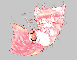 ambiguous_gender bodily_fluids chibi cum duo ejaculation feet feral foot_fetish foot_play footjob fur genital_fluids grey_background hair kemono male penile pink_body pink_fur pink_hair pink_tail semi-anthro sex simple_background tail text white_body white_fur deaic canid canine fox mammal 2018 censored chinese_text hi_res