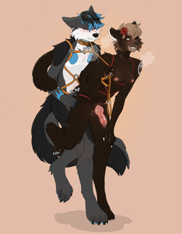 accessory animal_genitalia animal_penis anthro balls bite biting_lip black_hair blue_body blue_fur blue_hair blush bodily_fluids breasts brown_body brown_fur canine_genitalia canine_penis cheek_tuft collar collar_tag duo facial_tuft flower flower_in_hair from_behind_position fur genital_fluids genitals grey_body grey_fur gynomorph gynomorph/male hair hair_accessory harness intersex intersex/male knot knotted_penis leaking_precum leash leash_pull leg_wrap looking_pleasured male nipples onomatopoeia orange_collar penis plant plap power_bottom precum rose_(flower) sex simple_background sound_effects steamy_breath tan_hair tattoo text tuft white_body white_fur x-ray_view tbdborzoi arkis_(arrk1s) bryn_juneau canid canine canis domestic_dog gulonine husky mammal marten mustelid musteline nordic_sled_dog sable_(marten) spitz absurd_res hi_res nonbinary_(lore) trans_(lore) trans_woman_(lore)