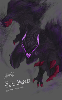 action_pose attack biceps big_claws black_body black_scales claws eyeless fist grey_background high-angle_view horn jumping open_mouth pose punch purple_body purple_scales scales simple_background solo text yamato-art capcom monster_hunter demi_elder gore_magala 2019 5:8 english_text hi_res signature
