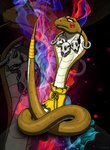 2017 belly_scales blowup_background capcom clothing dhalsim feral foot-paws forked_tongue full-length_portrait hi_res long_tongue piercing portrait reptile scales scalie simple_background snake solo street_fighter tongue tongue_out yellow_clothing