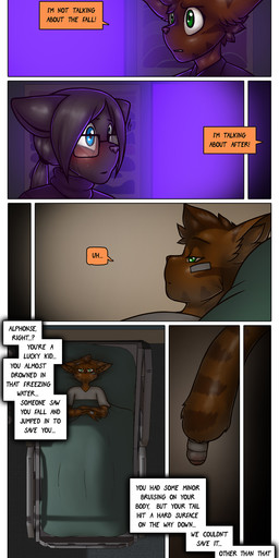 amputated_tail anthro blue_eyes bodily_fluids crying dialogue duo eyewear female glasses green_eyes male male/female tears text james_howard patreon agatha_(james_howard) alphonse_(james_howard) cougar domestic_cat felid feline felis mammal absurd_res comic english_text hi_res url