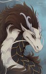 ambiguous_gender brown_eyes brown_mane brown_sclera dark_body dark_scales feral grey_body grey_scales mane mouth_closed scales simple_background solo text white_body white_scales santanahoffman mythology dragon mythological_creature mythological_scalie scalie 2023 artist_name dated hi_res