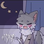 blue_curtains blush bodily_fluids crescent_moon cum cum_from_offscreen cumshot ejaculation eyes_closed fur genital_fluids looking_pleasured male moon multicolored_body multicolored_fur night sky solo star tail window tgxqc felid feline mammal half-length_portrait portrait source_request watermark