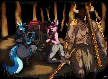 anthro big_butt butt clothed clothed_anthro clothed_female clothing female female_anthro fully_clothed fully_clothed_anthro fully_clothed_female group imminent_sex light male scared tail tight_clothing trio fluffy_void dead_by_daylight european_mythology greek_mythology mythology lyla_(lyladragon) the_oni_(dead_by_daylight) walnutdbd bovid bovine deer dragon mammal minotaur mythological_creature mythological_scalie scalie colored digital_drawing_(artwork) digital_media_(artwork) english_description hi_res lighting