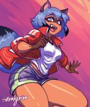 anthro black_body black_fur black_hair blue_body blue_eyes blue_fur blue_hair bottomwear breasts brown_body brown_fur clothed clothing fangs female fluffy fluffy_tail fur hair jacket kemono markings multicolored_body multicolored_fur multicolored_hair open_clothing open_jacket open_mouth open_topwear pose short_hair shorts solo tail teeth topwear sem-l-grim brand_new_animal studio_trigger michiru_kagemori canid canine mammal raccoon_dog tanuki 2020 absurd_res hi_res signature