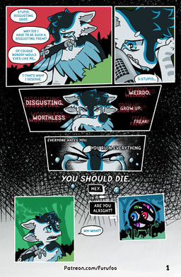 amputee anthro blue_eyes bodily_fluids crying dialogue disability prosthetic prosthetic_wing sad sitting tears text wings furufoo avali void_being absurd_res comic english_text hi_res url nonbinary_(lore)