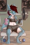 anthro athletic_wear barbell barefoot bench bottle bottomwear bra breasts claws clothed clothing container detailed_background ear_fins earbuds electronics feet female fin floor front_view gills glistening glistening_eyes grey_claws gym gym_bottomwear gym_shorts hair headphones holding_bottle holding_container holding_object inside looking_at_object looking_down midriff navel off_shoulder on_bench poster_(object) pupils red_hair shorts sitting slit_pupils snaggle_tooth solo sports_bra spread_legs spreading tail tail_fin teal_eyes tile tile_floor underwear weight_bench atane27 walkman fish marine shark 2019 2:3 absurd_res hi_res portrait