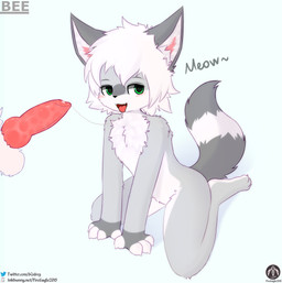 ambiguous_gender anthro balls blush bodily_fluids cum cum_string genital_fluids genitals kneeling knot male male/ambiguous penis solo tail text tongue tongue_out senz bee_the_cat domestic_cat felid feline felis mammal absurd_res hi_res
