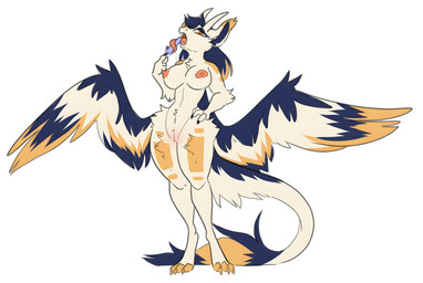 anthro areola biped blue_body blue_fur curled_tongue female fluffy fluffy_tail food fur genitals hair horn legs_together licking_popsicle long_tongue looking_back nipples open_mouth popsicle solo spread_wings standing tail tongue tongue_out vulva white_body white_fur wings yellow_body yellow_eyes yellow_fur pilvi_owo blueberry_(smolderg) absurd_res hi_res