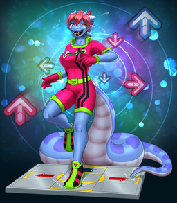 anthro big_breasts big_tail biped breasts clothed clothed_anthro clothed_female clothing female fingers footwear front_view gloves hair handwear horn huge_tail long_tail non-mammal_breasts shoes smile solo standing tail teeth tongue mykegreywolf bemani dance_dance_revolution konami mythology dragon mythological_creature mythological_scalie scalie 2026 absurd_res digital_drawing_(artwork) digital_media_(artwork) hi_res