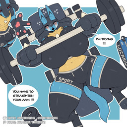 absolute_territory anthro athletic_wear barbell big_breasts bird's-eye_view blue_body blue_fur blush bodily_fluids bottomwear breasts bulge chest_spike clothing crying dialogue duo exercise female fur gym gym_bottomwear gym_shorts high-angle_view huge_breasts inconvenient_breasts legwear male muscular muscular_anthro muscular_female muscular_male shorts speech_bubble spikes spikes_(anatomy) tears text thick_thighs thigh_highs weight_bench weightlifting workout yellow_body yellow_fur orangedog nintendo pokemon canid generation_4_pokemon lucario mammal pokemon_(species) 1:1 english_text hi_res
