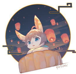 ahoge ambiguous_gender black_nose blue_eyes chibi circle_eyebrows crossed_arms dipstick_ears ear_markings ears_up eyebrows grey_eyebrows grey_hair hair kemono lamp lantern looking_offscreen low-angle_view multicolored_ears open_mouth paper_lantern pink_inner_ear solo white_ears yellow_ears emolga_1 lagomorph leporid mammal rabbit 2021 bust_portrait digital_media_(artwork) digital_painting_(artwork) hi_res painting_(artwork) portrait shaded