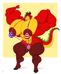 abs american_flag_bikini anthro biceps big_moobs big_muscles big_nipples big_pecs bikini black_nose bulge choker clothing detailed_bulge erect_nipples flag_bikini flag_swimwear footwear genital_outline green_hair hair high_heels huge_moobs huge_muscles huge_nipples huge_pecs hyper hyper_muscles hyper_pecs jewelry legwear male moobs muscular muscular_arms muscular_thighs necklace nipples pecs penis_outline red_body red_scales scales shoes snout solo stockings swimwear tail triceps two-piece_swimsuit underbite yellow_body yellow_scales bobthetanuki american_dragon:_jake_long disney mythology jake_long dragon mythological_creature mythological_scalie scalie 2024 hi_res