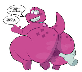 accessory ambiguous_gender anthro anus backsack balls big_butt butt duo genitals grin huge_butt huge_thighs hyper hyper_butt looking_back male male/ambiguous male_focus necktie nude_male penis pink_body purple_body purple_scales scales short_tail shortstack shortstack_male simple_background smile solo_focus spread_anus spread_butt spreading tail text thick_thighs white_background axelfloof gameoverse glitch_productions gobbles_(gameoverse) dinosaur prehistoric_species reptile scalie english_text hi_res