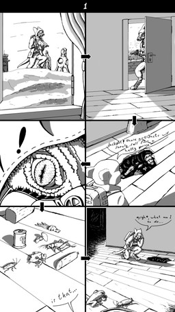 ambiguous_gender anthro backpack bread building can clothed clothing container crouching detailed_background dialogue digitigrade door doorway food footwear fungus furgonomic_footwear furgonomics gas_mask gun holding_gun holding_object holding_ranged_weapon holding_weapon hooded_jacket inside machine mask meat mushroom opening_door outside plant pupils ranged_weapon sausage slit_pupils solo text walking weapon tiny_dragon project_silverfish amphibian arthropod cricket frog inheritor insect lizard orthopterid reptile scalie 2025 9:16 comic english_text greyscale hi_res monochrome