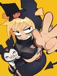 absurd_res anthro bnm6517 clothed clothing crossover duo female gesture hand_gesture hi_res human kuromi lagomorph leporid mammal onegai_my_melody rabbit sanrio scott_pilgrim_(series) sharp_teeth simple_background smile smirk teeth v_sign yellow_background