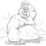 anthro bathing belly big_belly humanoid_hands kemono male moobs navel nipples overweight overweight_male solo towel towel_on_head water yamakake bear mammal 2022 monochrome