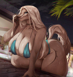 anthro bedroom_eyes bent_over big_breasts bikini blonde_hair blue_bikini blue_clothing blue_swimwear breast_squish breasts cleavage clothed clothing female fur glistening glistening_body glistening_breasts glistening_fur hair hanging_breasts huge_breasts looking_at_viewer makeup mascara narrowed_eyes natural_breasts poolside seductive skimpy_bikini solo squish swimming_pool swimwear tail tan_body tan_fur thick_thighs tight_bikini two-piece_swimsuit water wet strigiformes celine_(stormwx_wolf) afghan_hound canid canine canis domestic_dog hunting_dog mammal sighthound 2024 hi_res