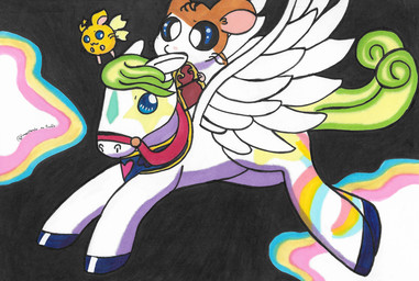 anthro blonde_hair blue_eyes cloud collar duo female flying fur green_body green_fur green_hair hair hooves male markings orange_body orange_fur riding round_ears star white_body white_fur wings yellow_body yellow_fur lunarpanda8686 hamtaro_(series) mythology hamtaro cricetid equid equine fairy hamster mammal mythological_creature mythological_equine pegasus rodent hi_res marker_(artwork) traditional_media_(artwork)