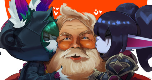blonde_hair clothed clothing female group hair holidays human_on_humanoid humanoid_pointy_ears interspecies male male/female not_furry open_mouth open_smile pointy_ears purple_body purple_skin simple_background smile trio cranihum christmas league_of_legends riot_games tencent noxus_poppy_(lol) poppy_(lol) santa_claus vex_(lol) human humanoid mammal yordle 2025 absurd_res hi_res