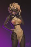 anthro blonde_hair breasts brown_body brown_fur collar ear_piercing ear_ring female fur fur_markings hair harness markings piercing purple_eyes ring_piercing solo tongue tongue_out michiko_mahogani falla_(f-r95) felid mammal prehistoric_species saber-toothed_tiger hi_res