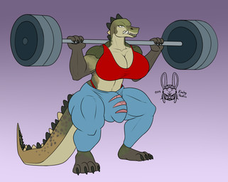 anthro big_breasts big_bulge breasts bulge clothing detailed_bulge exercise genitals gynomorph huge_bulge huge_thighs intersex muscular muscular_anthro muscular_intersex penis solo thick_thighs torn_clothing workout yaudizz crocodilian reptile scalie hi_res