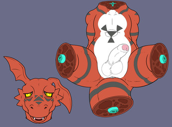 balls bone death decapitation exposed_bone exposed_muscle flesh genitals gore gore_focus humanoid_genitalia humanoid_penis lifeless_eyes male penis simple_background snuff solo third-party_edit unknown_artist bandai_namco digimon digimon_(species) guilmon hi_res