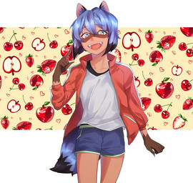 anthro apple biped blue_hair bottomwear brown_body cherry clothed clothing facial_markings fangs female food fruit gesture gloves_(marking) hair hand_gesture head_markings heart_symbol hotpants markings mask_(marking) multicolored_body multicolored_eyes open_mouth open_smile orange_body pattern_background plant pointing pointing_at_self short_hair shorts simple_background smile solo standing strawberry teeth two_tone_body walking mhcmm909 brand_new_animal studio_trigger michiru_kagemori canid canine mammal raccoon_dog tanuki 2021 hi_res portrait three-quarter_portrait