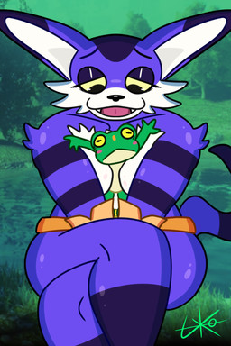 anthro bedroom_eyes belt big_butt big_ears breast_squish breasts butt cheek_tuft chest_tuft clothing crossed_legs dull_eyes facial_tuft fangs fur gloves handwear horizontal_pupils leg_markings male markings narrowed_eyes open_mouth pupils purple_body purple_fur seductive slightly_chubby slightly_chubby_male smile solo squish tail teeth thick_thighs tongue tuft white_body white_fur wide_hips yellow_eyes lilith-ko sega sonic_the_hedgehog_(series) big_the_cat froggy_(sonic) amphibian domestic_cat felid feline felis frog mammal 2:3 absurd_res hi_res