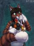 anthro breasts brown_body brown_fur brown_hair domestic_pet female feral fur green_eyes group hair long_hair nude pink_nose solo_focus stripes whiskers white_body white_fur kyma remmmy avian bird chicken domestic_cat felid feline felis galliform gallus_(genus) mammal phasianid 2014