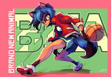 anthro ball basketball basketball_(ball) blue_hair bottomwear claws clothed clothing dipstick_tail dolphin_shorts female footwear fur gloves_(marking) hair jacket markings multicolored_tail purple_eyes shoes shorts smile solo tail tail_markings text topwear kaleido-art brand_new_animal studio_trigger michiru_kagemori canid canine mammal raccoon_dog tanuki 2020 english_text hi_res signature