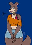 blue_eyes bottomwear bra breasts clothing female hotpants oversized_clothing oversized_shirt oversized_topwear shirt shorts solo topwear underwear buttercollie beastars juno_(beastars) canid canine canis mammal wolf