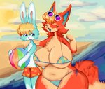 anthro areola arm_over_shoulder ball beach beach_ball big_breasts bikini bikini_bottom bikini_top biped blonde_hair blue_bikini_bottom blue_bikini_top blue_body blue_eyes blue_fur breasts clothing cloud confusion curvy_figure detailed_background duo eyewear eyewear_on_head female fluffy fluffy_tail fur glasses hair happy huge_breasts inflatable larger_female looking_at_another looking_at_another's_breasts looking_at_breasts male male/female navel open_mouth orange_body orange_fur outside sand sea seaside side-tie_bikini side-tie_clothing side-tie_swimwear size_difference skinny sky slightly_chubby smaller_male smile string_bikini sunglasses swimming_trunks swimwear tail thick_thighs triangle_bikini two-piece_swimsuit voluptuous water wide_hips arcadebunni animal_crossing nintendo audie_(animal_crossing) sasha_(animal_crossing) canid canine canis lagomorph leporid mammal rabbit wolf absurd_res digital_media_(artwork) digital_painting_(artwork) hi_res painting_(artwork)