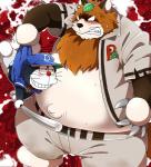 angry anthro baseball_(sport) baseball_uniform belly blush bottomwear clothing duo hat headgear headwear leaf male navel outie_navel overweight overweight_male pants shirt sport sportswear topwear uniform nikiciy dorabase doraemon kuroemon pokoemon_(character) canid canine domestic_cat felid feline felis mammal raccoon_dog tanuki 2013