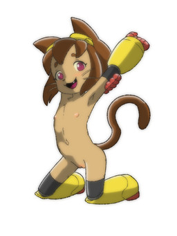 anthro blush fangs female flat_chested genitals looking_at_viewer simple_background smile solo tail teeth vulva whiskers white_background young young_anthro young_female amondetauro gameoverse glitch_productions kit_bodega domestic_cat felid feline felis mammal 2026 absurd_res hi_res