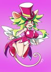 anthro big_breasts blush blush_stickers breasts clothing cuff_links female green_hair hair hat headgear headwear heart_symbol long_hair necktie rat_ears rat_tail smile solo tail top_hat wings kazamidoririnn mad_rat_dead nippon_ichi_software rat_god_(mad_rat_dead) animal_humanoid humanoid mammal mammal_humanoid mouse_humanoid murid murid_humanoid murine murine_humanoid rat rodent rodent_humanoid hi_res