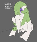 3_fingers curled_up dialogue empty_eyes featureless_feet feet female fetal_pose fingers green_hair hair hair_over_eye hopelessness one_eye_obstructed solo text neo_mecha nintendo pokemon gardevoir generation_3_pokemon humanoid pokemon_(species) 2023 colored_sketch english_text flat_colors hi_res sketch