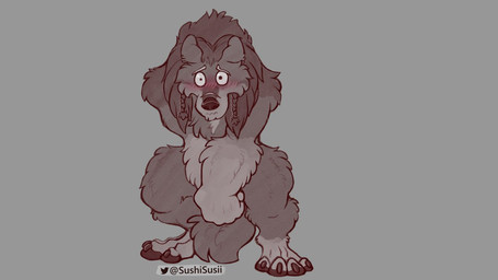 after_transformation anthro blush braided_hair chest_tuft claws covering covering_crotch covering_self fur grey_background hair male nude pawpads scar simple_background solo standing tail tail_between_legs tuft sushisusii mythology canid canine mammal mythological_canine mythological_creature werecanid werecanine werecreature werewolf