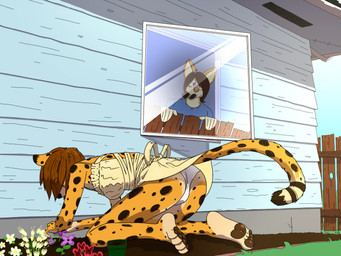 all_fours anthro clothing duo feet female fingers flower fur gardening hair looking_at_another maid_uniform male male/female markings open_mouth outside panties pawpads peeping plant shirt spots spotted_body tail toes topwear underwear uniform window pountach canid canine canis cheetah domestic_dog felid feline herding_dog mammal pastoral_dog welsh_corgi digital_media_(artwork) hi_res