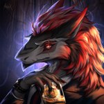 alcohol anthro beverage clock clothing fur glowing glowing_eyes grey_body grey_fur hair liquor male red_eyes red_hair smoke suit tequila azhax sergal 1:1 hi_res