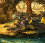 accessory arm_tuft astrum_(silent_observer) big_ears big_tail blue_body blue_eyes blue_fur branch charm_(jewelry) cheek_tuft collar couples duo ear_markings ears_back ears_down elbow_tuft eye_contact facial_tuft female feral floppy_ears flower flower_in_hair flower_in_mouth fluffy fluffy_chest fluffy_ears fluffy_hair fluffy_tail food forest forest_background fruit fur fur_markings grass grey_body grey_fur hair hair_accessory jewelry leaf light looking_at_another male male/female markings meika_(meikabre) melon nature nature_background neck_tuft pink_eyes pivoted_ears plant purple_eyes river rock romantic romantic_couple short_hair smile smiling_at_another smiling_at_partner tail tree tuft water watermelon watermelon_slice yellow_body yellow_fur joeumbre nintendo pokemon canid canine eeveelution generation_2_pokemon mammal pokemon_(species) umbreon absurd_res colored hi_res lighting shaded