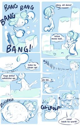 abdominal_bulge accidental_vore ambiguous_gender anthro arrow_sign block boxing_gloves clothing dialogue duo fire flaming_tail handwear object_vore oral_vore panicking punch soft_vore sound_effects speech_bubble swallowing swallowing_sound_effect tail text trait_theft vacuum_inhale vacuum_vore vore eclairscollection nintendo pokemon pokemon_pokopia ditto_(pokopia) charmander ditto_(pokemon) generation_1_pokemon pokemon_(species) english_text hi_res