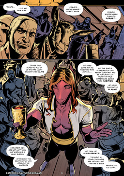 alcohol anthro avalon_(purplebirdman) beverage clothed clothed_anthro clothed_female clothed_male clothing dialogue fantasy female furniture grin group hair headgear headwear high-angle_view larger_male long_hair male on_table open_clothing open_mouth open_shirt open_topwear orange_hair outside red_body robe shirt shirtless size_difference smile speech_bubble table text topless topless_male topwear white_jackal wine purplebirdman bovid caprine equid equine goat horse human humanoid mammal 2023 better_version_at_source colored comic english_text url