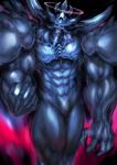 big_muscles featureless_crotch looking_at_viewer male muscular muscular_humanoid muscular_male not_furry solo teeth witnesstheabsurd konami yu-gi-oh! obelisk_the_tormentor duel_monster humanoid monster absurd_res hi_res portrait three-quarter_portrait