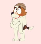 2023 aged_up anthro beanie black_eyes black_nose bluey_(series) blush brown_beanie brown_body brown_clothing brown_fur brown_hair brown_hat brown_headwear brown_tail canid canine canis clothing digital_media_(artwork) domestic_dog fur hair hand_on_arm hand_on_own_arm happy hat headgear headwear hunting_dog jack_russell_(bluey) jack_russell_terrier male mammal multicolored_body multicolored_fur multicolored_hair procreate_(artwork) shaibey smile solo standing tail teeth terrier tongue two_tone_hair two_tone_tail white_body white_fur white_hair white_tail