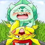 ambiguous_gender blush bodily_fluids cute_fangs drooling duo fangs male male/ambiguous saliva sex simple_background sweat teeth white_background pasaran nintendo pokemon ashchu bulbasaur generation_1_pokemon pikachu pokemon_(species) 1:1 low_res