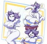 :3 anthro bent_over big_breasts big_butt bikini breast_squish breasts butt clothing currency_symbol dollar_sign female hands_behind_head huge_breasts huge_butt looking_at_viewer multiple_poses pasties pose rear_view smug solo squish swimwear symbol two-piece_swimsuit gluestudd undertale undertale_(series) temmie_(undertale) canid canine domestic_cat felid feline felis mammal tem hi_res