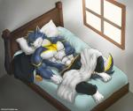 absurd_res agonylight anthro bed canid canine canis clothing darkenstardragon furniture hi_res light male mammal muscular muscular_anthro muscular_male sleeping solo sunlight tail window wolf