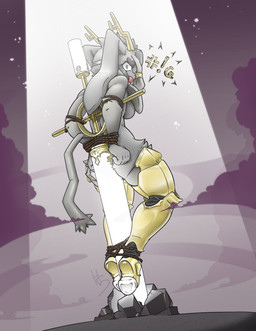 accessory angry anthro antlers armor arms_tied ball_gag bdsm bondage bound breasts butt detailed_background dream_breaker_(pseudoregalia) featureless_breasts female floppy_ears frown fur furrowed_eyebrows gag gagged gagged_talk glowing_weapon greaves grey_body grey_fur hair hair_accessory hair_ring hip_tuft hooves horn leg_armor legs_tied long_ears looking_at_viewer looking_back looking_back_at_viewer lop_ears melee_weapon mostly_nude mostly_nude_anthro mostly_nude_female outside profanity rear_view restraints rope rope_bondage simple_background solo spotlight tail thick_thighs tuft weapon high5art pseudoregalia sybil_(pseudoregalia) bovid caprine goat hybrid jackalope lagomorph leporid mammal rabbit 2024 absurd_res digital_drawing_(artwork) digital_media_(artwork) full-length_portrait hi_res portrait signature