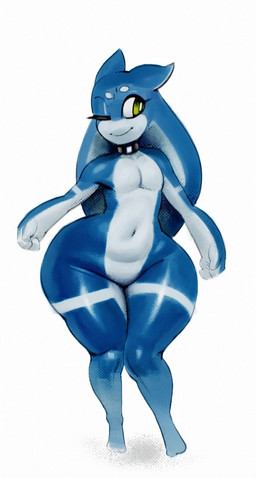 4_fingers ambiguous_gender belly big_butt biped black_choker black_jewelry black_necklace blue_body blue_pseudo_hair blue_skin butt choker choker_only closed_smile curvy_figure eyeliner featureless_crotch feet fingers glistening glistening_belly glistening_body glistening_butt glistening_eyes glistening_legs glistening_pseudo_hair glistening_skin glistening_thighs green_eyes huge_hips jewelry light long_pseudo_hair looking_aside makeup mouth_closed multicolored_body multicolored_skin navel necklace necklace_only nude one_eye_closed pear-shaped_figure pose pseudo_hair pupils simple_background smile solo standing thick_thighs two_tone_body two_tone_skin white_background white_body white_pupils white_sclera white_skin wide_hips sqoon skoon_(character) alien alien_humanoid humanoid puwa 2026 colored digital_drawing_(artwork) digital_media_(artwork) full-length_portrait hi_res lighting portrait shaded